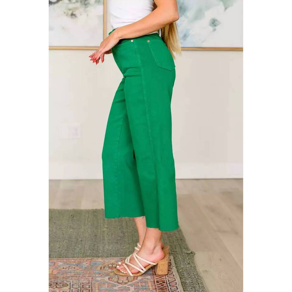 NEW JUDY BLUE high rise control top wide leg crop jeans in kelly green - Picture 3 of 4